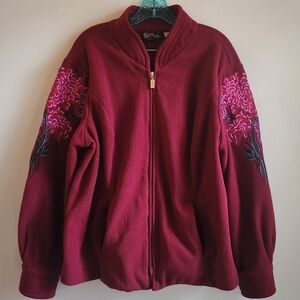 Bob Mackie Wearable Art Burgundy Fleece Jacket Pink Floral Embroidery 1x Plus